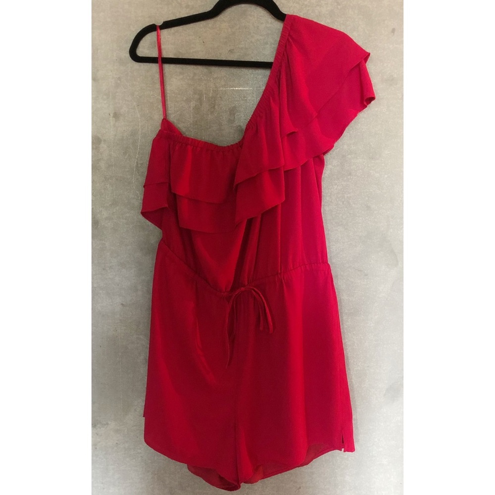Vibrant Red One Shoulder Ruffle Romper